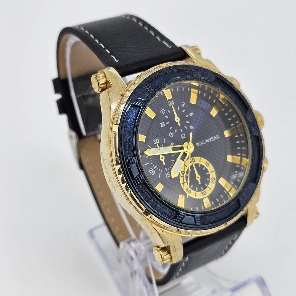 Rocawear Men's Watch 46MM Blue Dial NEW Black Faux‎ Leather Bands NEW Battery
